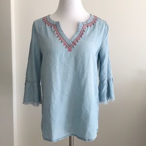Shoulder Grazing Jean Colored Tunic Beaded Top